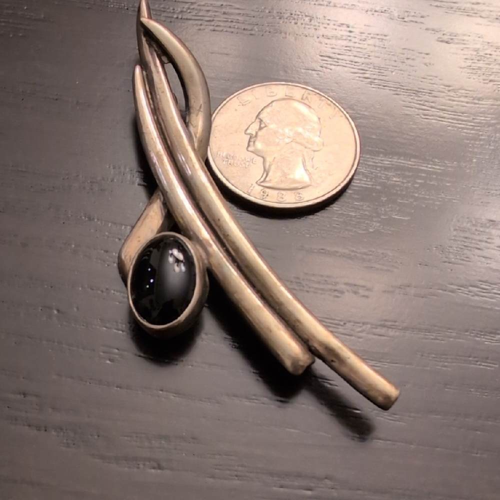 Mexico Modernist 925 Sterling Silver Brooch/Pin with Black Onyx Cabochon - Picture 6 of 6